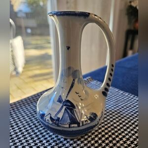 Delftware Gouda Pottery, Holland Pitcher 5 Inches Tall, With Windmill